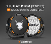 Two Lightfox driving lights with branding and specifications on a dark background